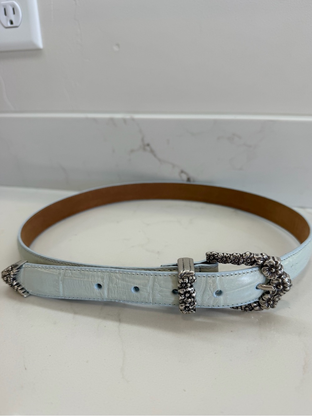 Vintage Brighton Blue Leather Western Floral Buckle Belt Size Med Large